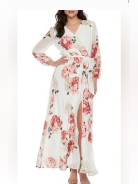White Floral Wrap Maxi Dress with Pink Rose Print